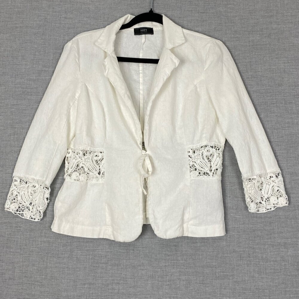 Suzy Shier Linen Blend Blazer White Crochet Lace Accents Tie Front Sz Large